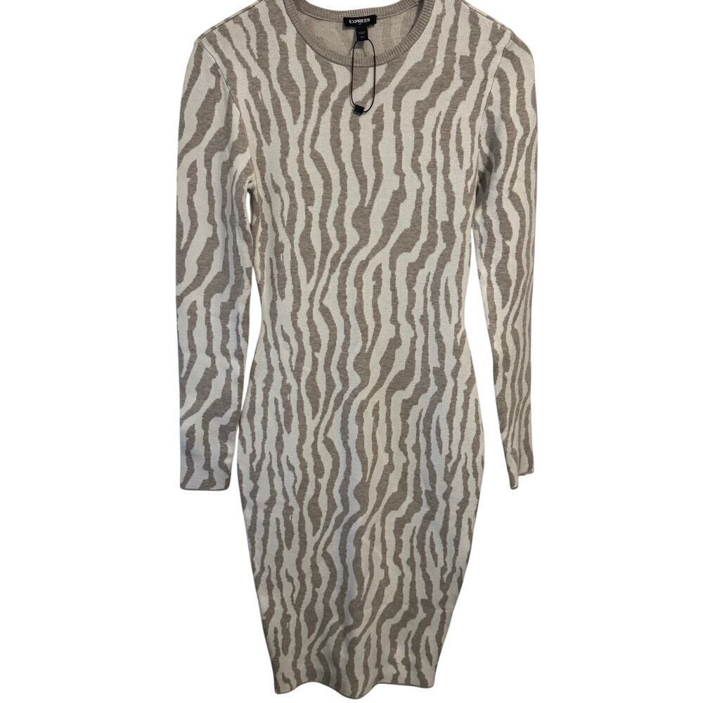 Express BODYCON taupe & ivory zebra print sweater dress NWOT